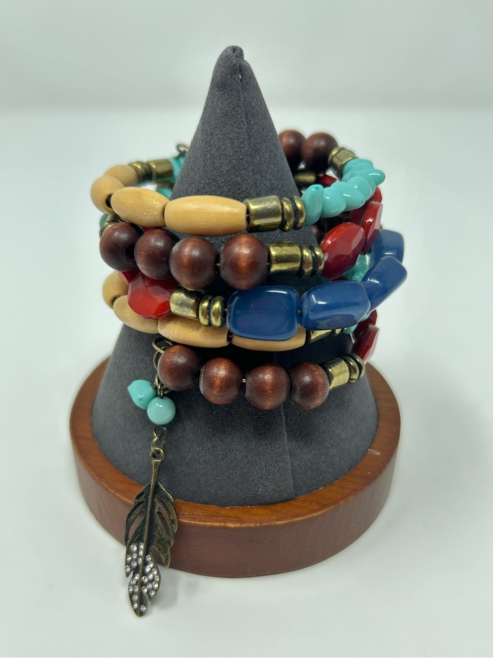 Boho Multi-Color Beaded Coil Wrap Bracelet with Feather & Tassel Charm